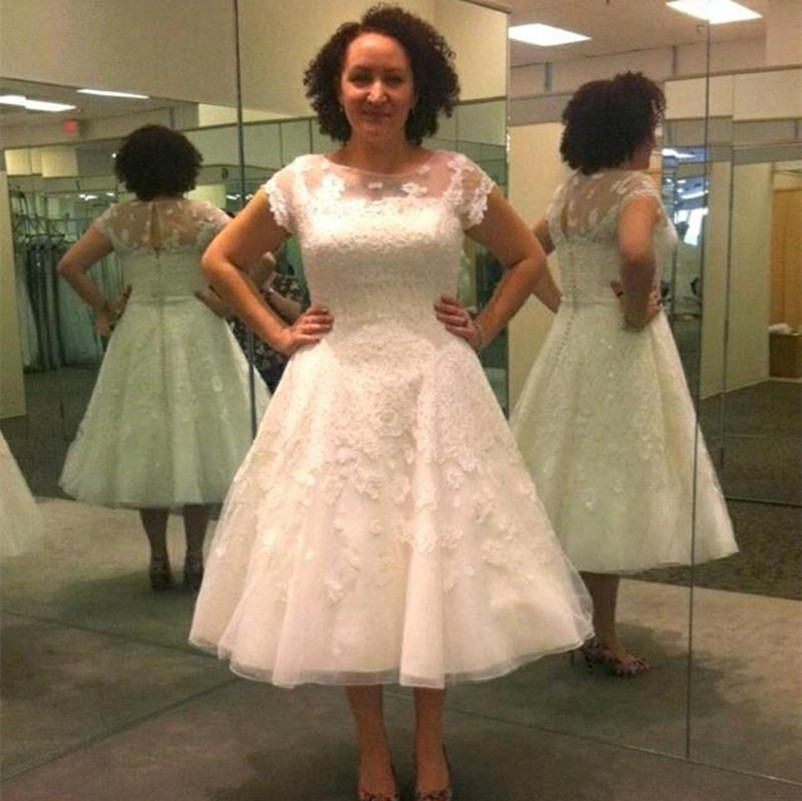 

Tea Length Short A-Line Wedding Dresses Cap Sleeve Applique Lace Bridal Gowns Custom Made Wedding Dress Plus Size, Red