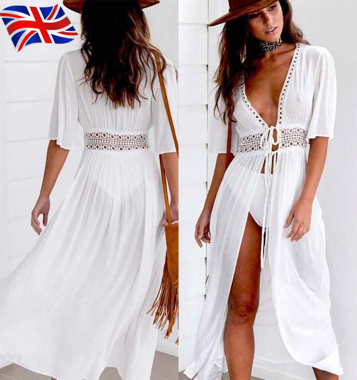 Vente en gros - Vente chaude Femmes V profond évider Robe d'été Beachwear Location de Split Lacets Robe Kaftan Blanc Boho longue Maxi Robes Maill