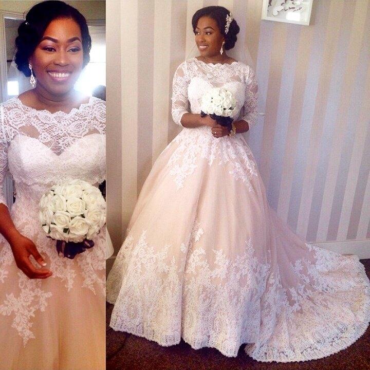 

African 2018 White Lace Applique Light Peach Tulle Wedding Dresses With Illusion 3/4 Long Sleeve Court Train Bridal Gowns Custom EN1107, Black