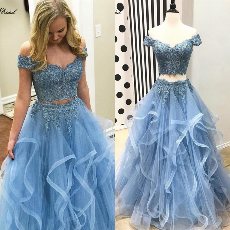 Baby Blue Two Piece Prom Dresses Off Shoulder Beads Lace Appliques Formal Party Gown 2018 Custom Made Fluffy Tulle Formal Evening Dresses
