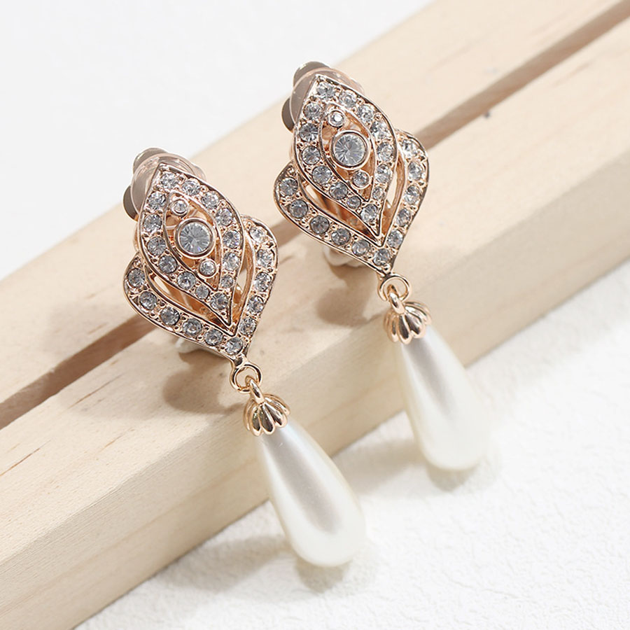 IDESTINY Clip Pearl Long Earrings With No Piercing for Women New Fashion White Gold Color Plated Wedding Party Earing Jewelery