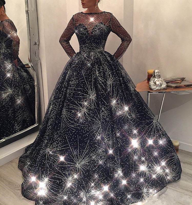 

Beautiful Starry Evening Dresses Fashion Bateau Neck Long Sleeve Fluffy Prom Dress Luxury Dubai Saudi Arabia Celebrity Red Carpet Gowns, Black
