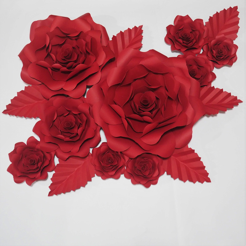 

Red Giant Paper Flowers Artificial Rose 9PCS+ 6 Leaves For Wedding & Event Backdrop Decor Baby Nursery Windows Display