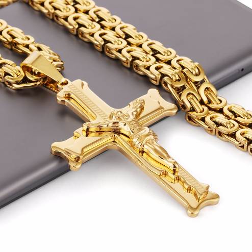 

Gold Color Stainless Steel Jesus Cross 21.65" Pendant Necklace 6mm Link Byzantine Chain Choker Necklaces Men lima peru MN68