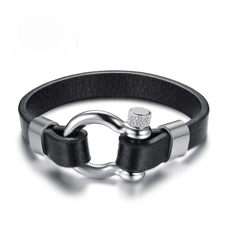 Black Real Leather Bracelet Bangle For Men Stainless Steel Vachette Screw Button Design Unique Jewelry 21cm