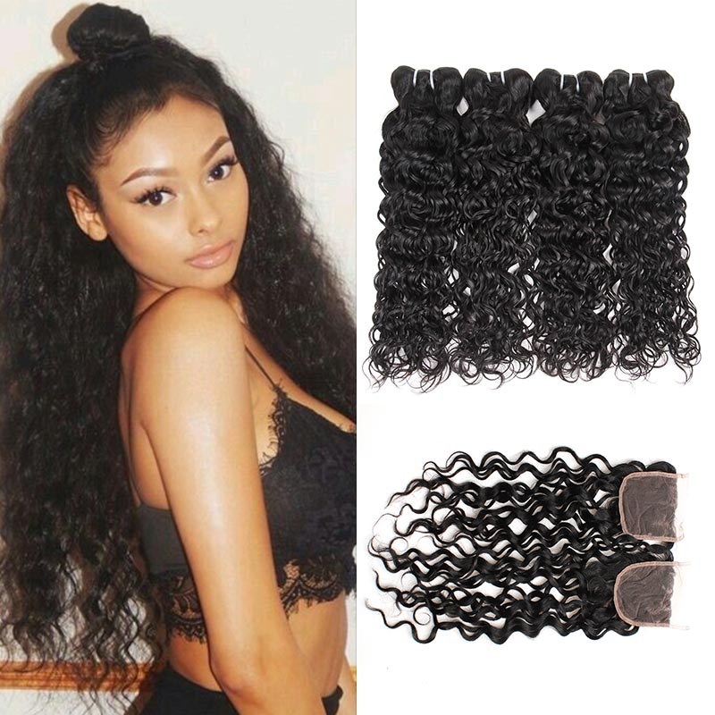

Brazilian Human Hair 4 Bundles with Closure Unprocessed Water Wave Bundles with Free Middle 3 Part Wet and Wavy Human Hair Weaves Pro, Natural color