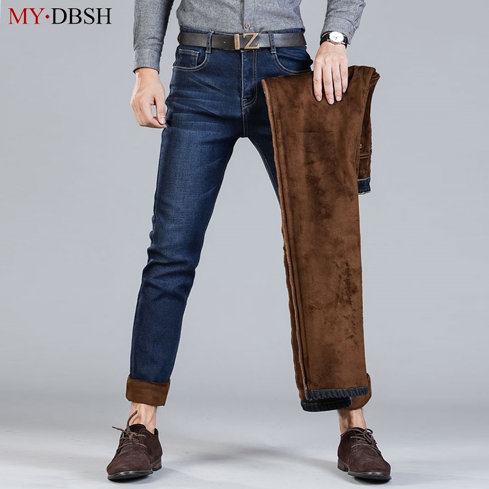 

Brand Men Designer Stretch Casual Straight Winter Stretch Thicken Denim Jeans Man Slim Fit Business Trousers Warm Fleece Pants, Thin pale blue