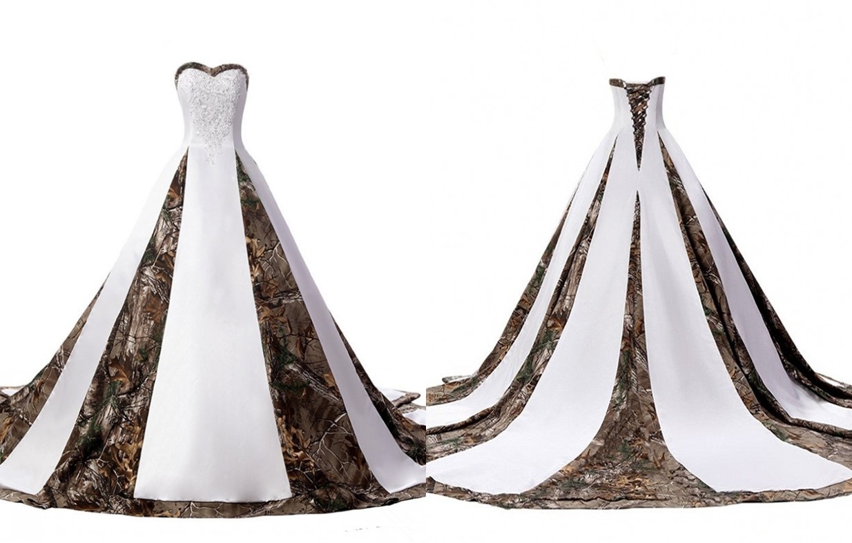 

Unique Designer Camo Wedding Dress Plus size Real Photo 2018 Sweetheart Applique Lace Sequin Beaded Court Train Cheap Wedding Gowns New, Same as image