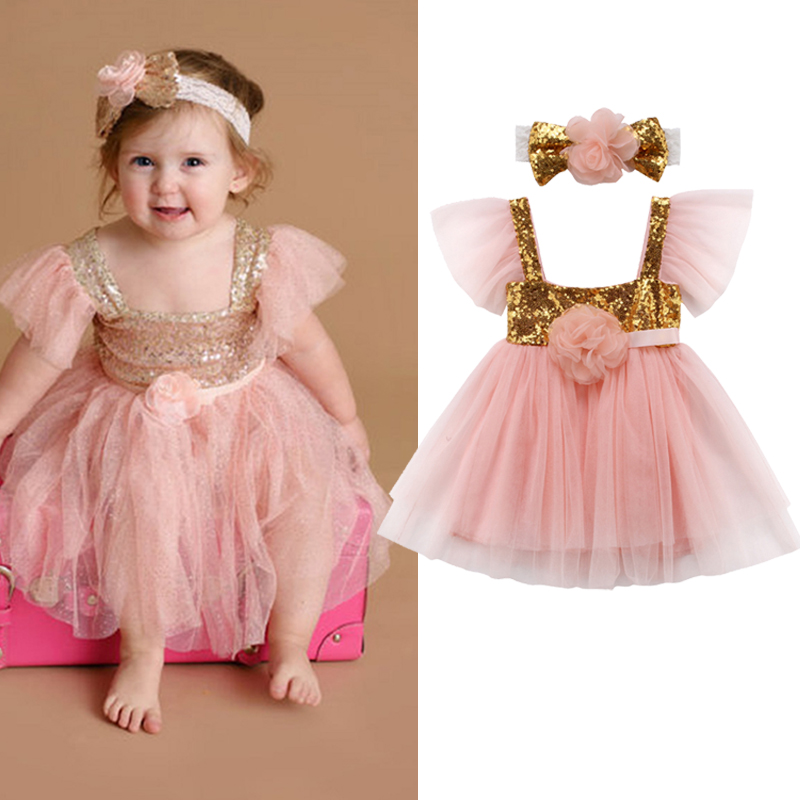 Flower Girl Baby Sequin Princess Tutu Dress Party Wedding Birthday Gown Headband