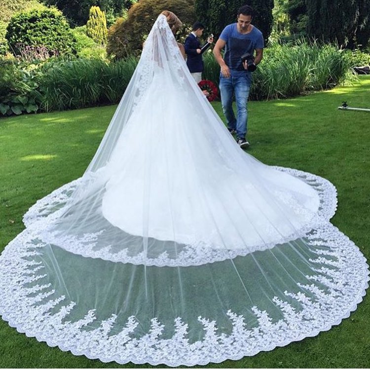 

arrival long cathedral wedding veils with lace applique trim soft tulle bridal veil wedding accessories, Ivory