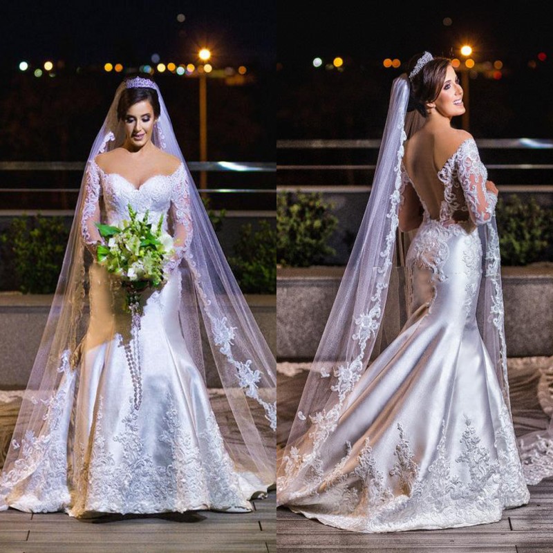 Vintage Plus Size Wedding Dresses Lace Applique Off The Shoulder Backless Bridal Gowns Satin Long Sleeves Wedding Dress African Vestidos