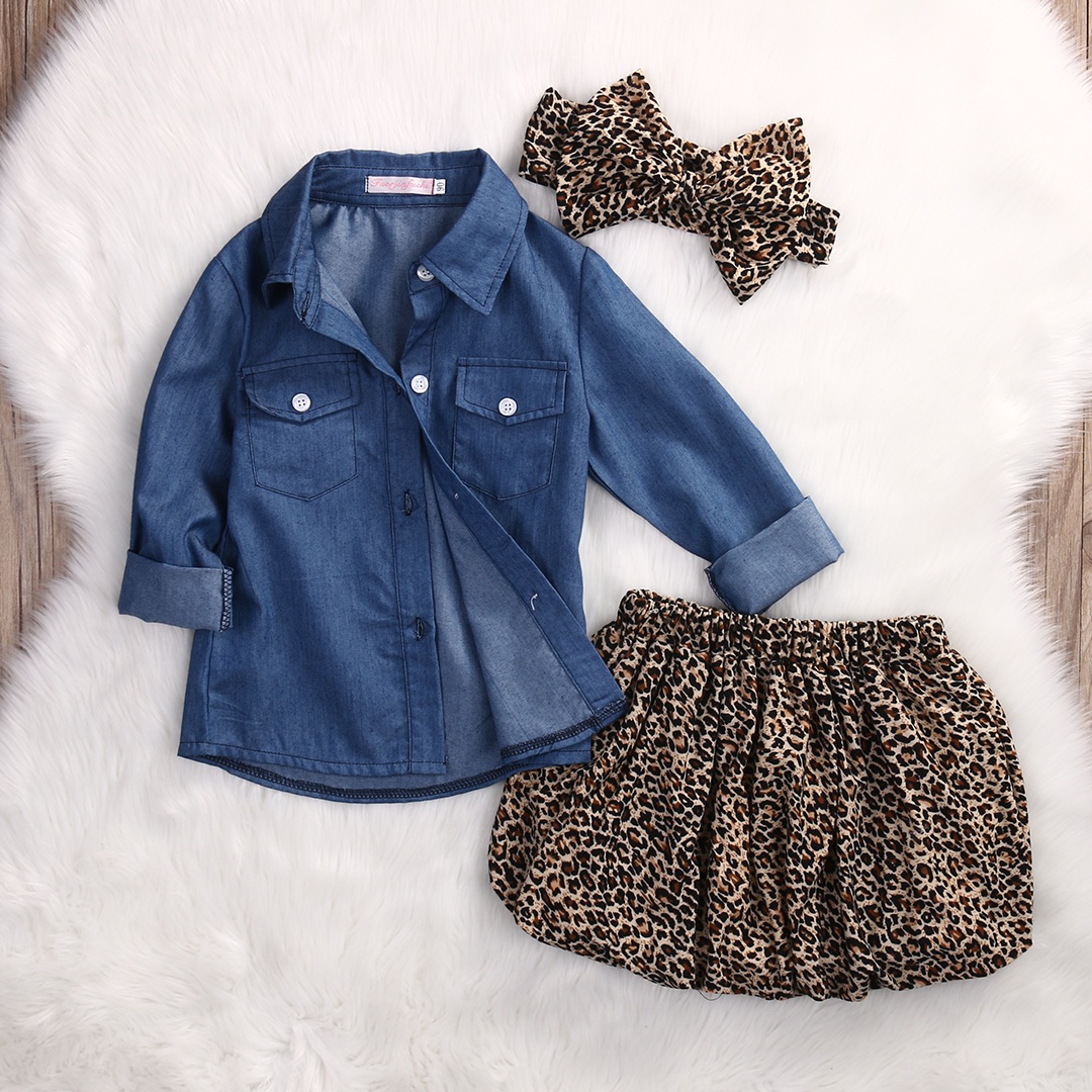 

3PCS Set Cute Baby Girls Clothes 2018 Summer Toddler Kids Denim Tops+Leopard Culotte Skirt Outfits Children Girl Clothing Set, Blue