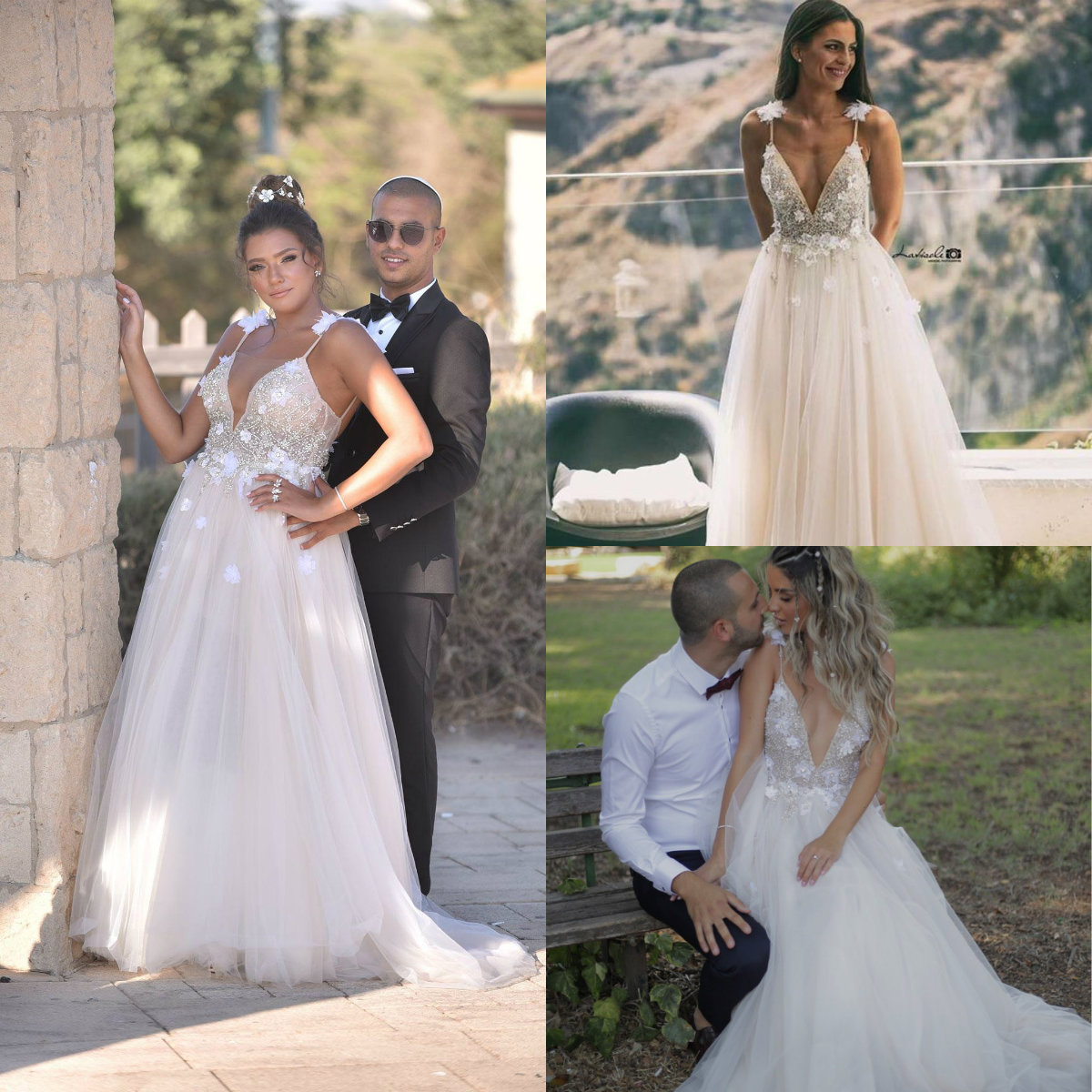 

Berta A Line Boho Wedding Dresses Spaghetti 3D Floral Applique Beaded Sexy Beach Wedding Gowns Sweep Train Backless Plus Size Bridal Dress, Black