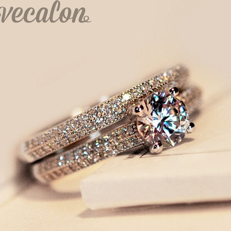 

Vecalon Fashion wedding band ring set for women 1ct 5A Zircon cz ring Silver Color Female Engagement Finger ring gift size 4-10