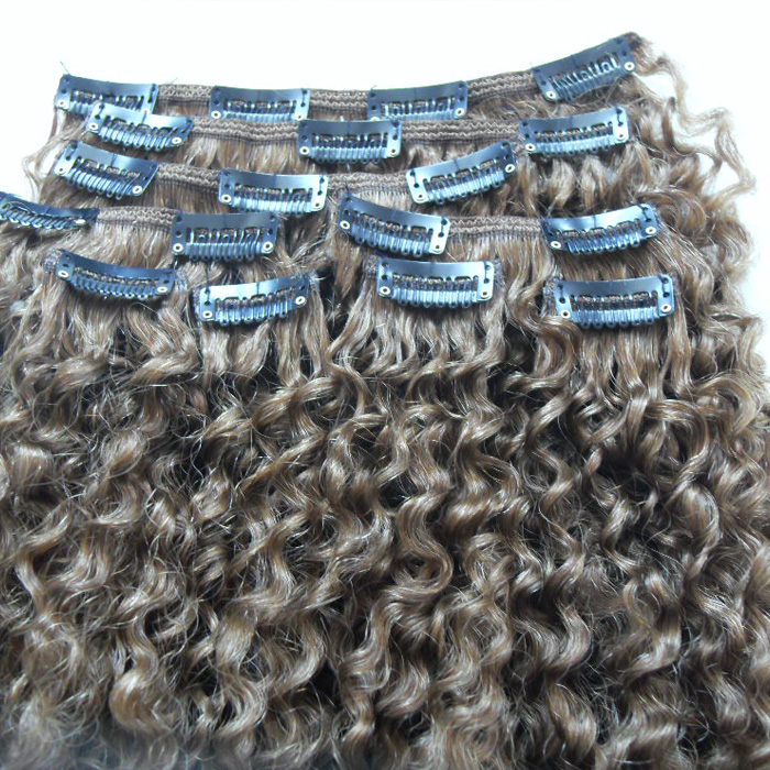 Brazilian Curly Hair Weft Clip in human hair extensions unprocessed natural black brown color 10-28 INCH afro kinky curl style-image-407742231