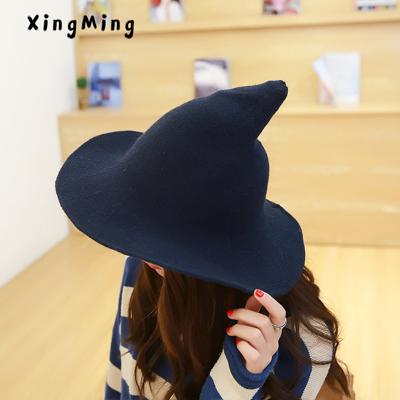 

Along the sheep wool cap knitting fisherman hat qiu dong Female fashion witch pointed basin bucket hat accessories, Black