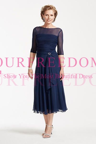 

2019 Elegant Navy Blue Mother Of The Bride Dresses 3/4 Long Sleeve Chiffon Tea Length Mother's Dresses Formal Evening Occasion Dresses