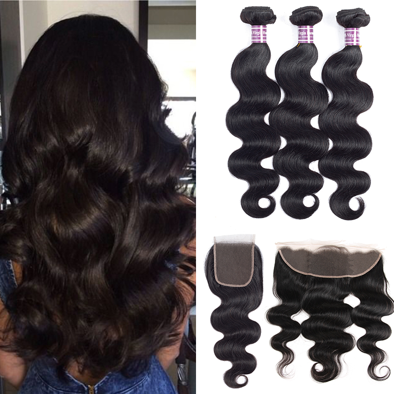 

8A Peruvian Malaysian Body Wave Human Hair Weaves Unprocessed Brazilian Indian Virgin Bundles With Lace Frontal Hair Extensions Wholesale, Pure black