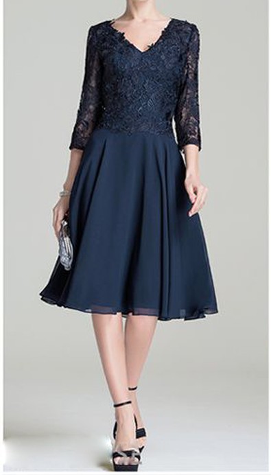 

Elegant Mother of the bride dresses Dark Navy Chiffon with Floral Lace Three Quarter Sleeves Zipper Back Custom Made Plus Size Cheap