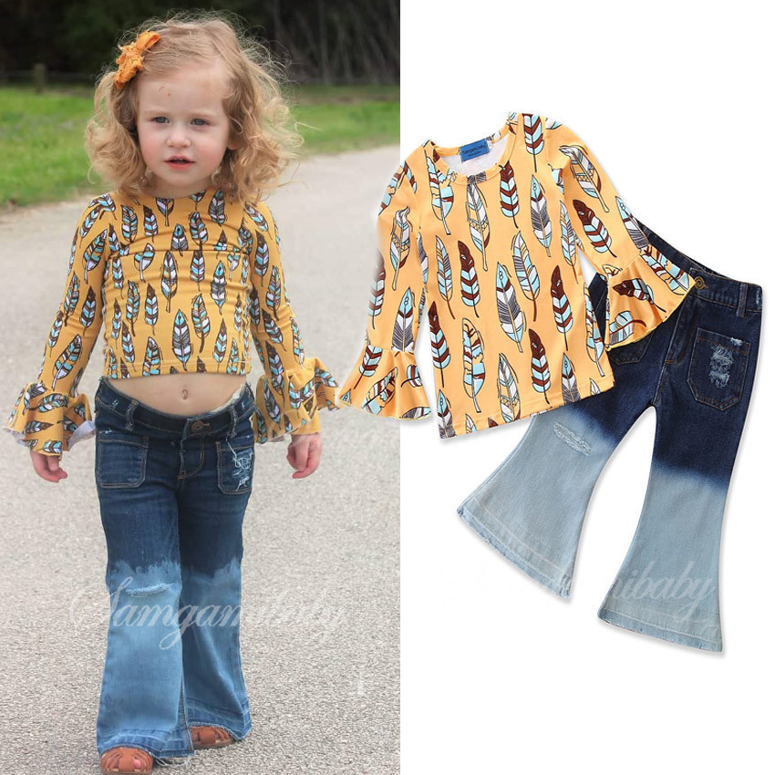 

2018 New Autumn Baby Girls Clothing Set Leaf Print Tops+ Denim Bell-bottoms 2Pcs Set Fashion Girl Kids Pants Boutique Clothes Outfits, As photo