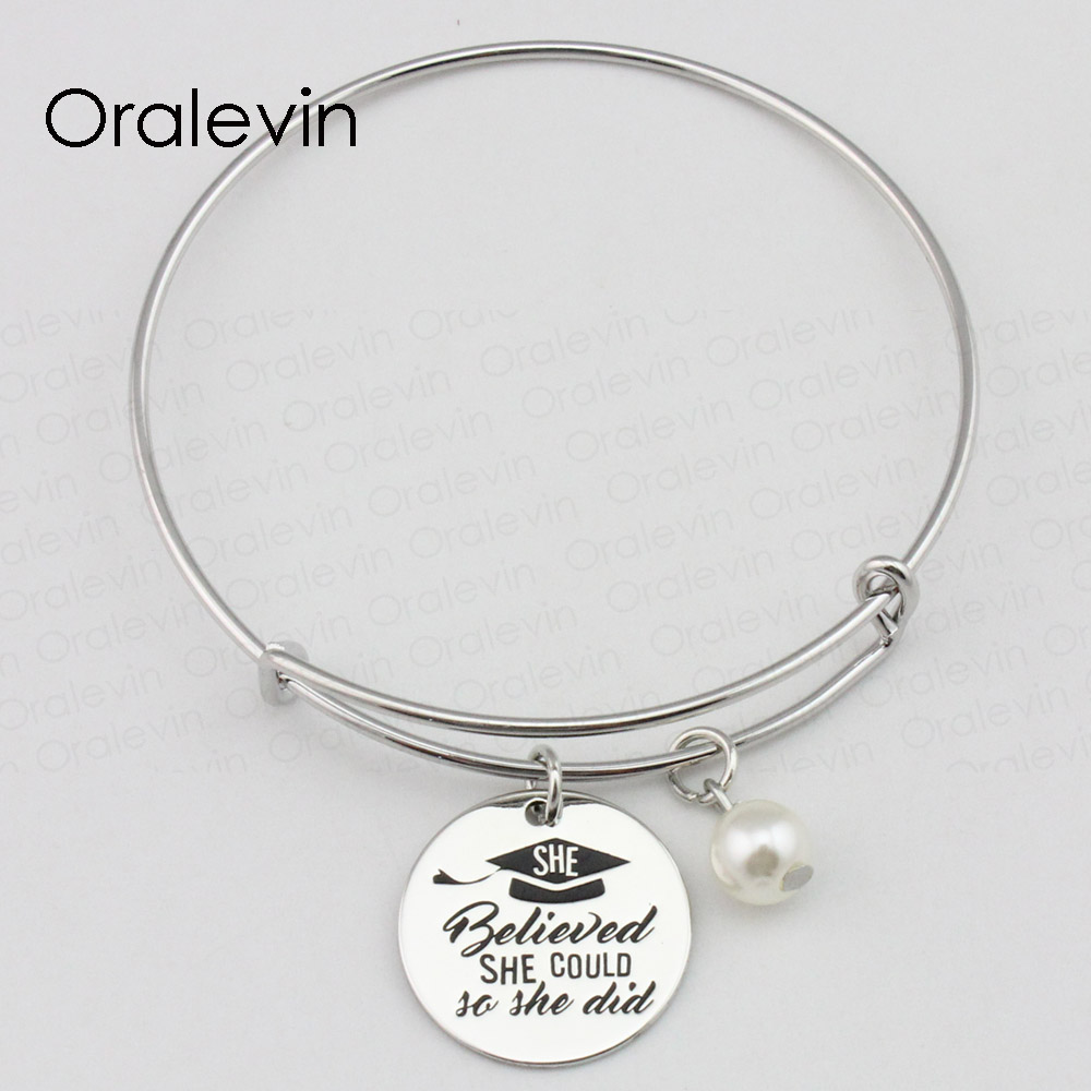 

SHE BELIEVED SHE COULD SO SHE DID Inspirational Hand Stamped Pendant Expandable Bracelet Jewelry Gift For Graduation,10Pcs/Lot, #LN2362B