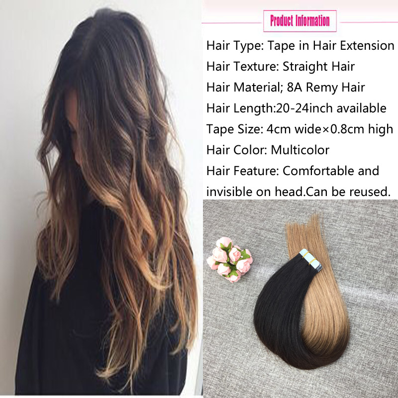 Tape in Hair Extensions Real Human Hair Extensions Silky Straight Skin Weft Remy Hair Natural Color Fading to #4 and #27 Honey Blonde