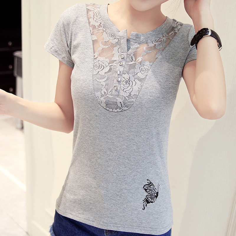 

Female Cotton T Shirt Butterfly Print T-Shirts Women 2018 New Summer Lace Short Sleeve Casual Clothing Gray White Tee Tops