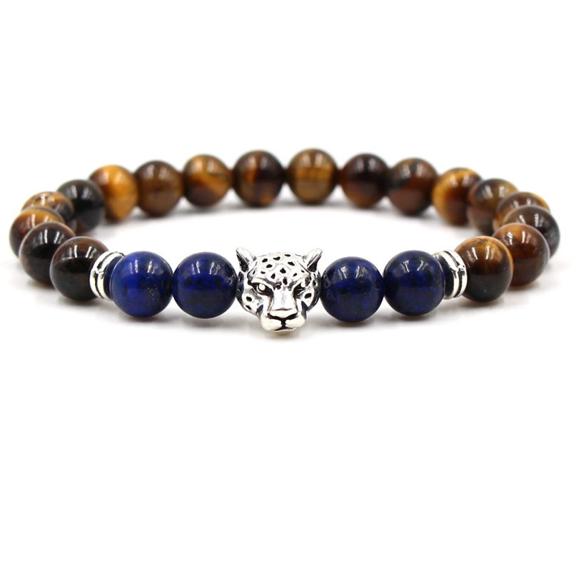 

8mm Beaded Strands Men Love Bracelet Natural Stone Leopard Lazuli Tigereye Alloy Gold Silver Bangles For Women Bracelets