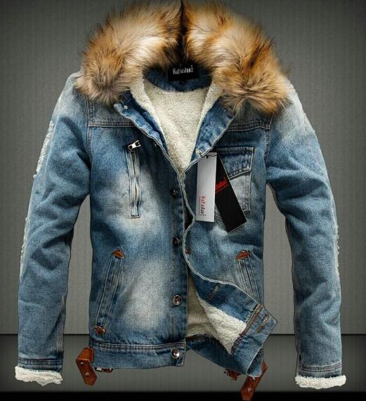 Winter clothing Men's Parkas Jacket Warm Denim Thick Outwear Fur Collar Hot Cowboy Coat Overcoat