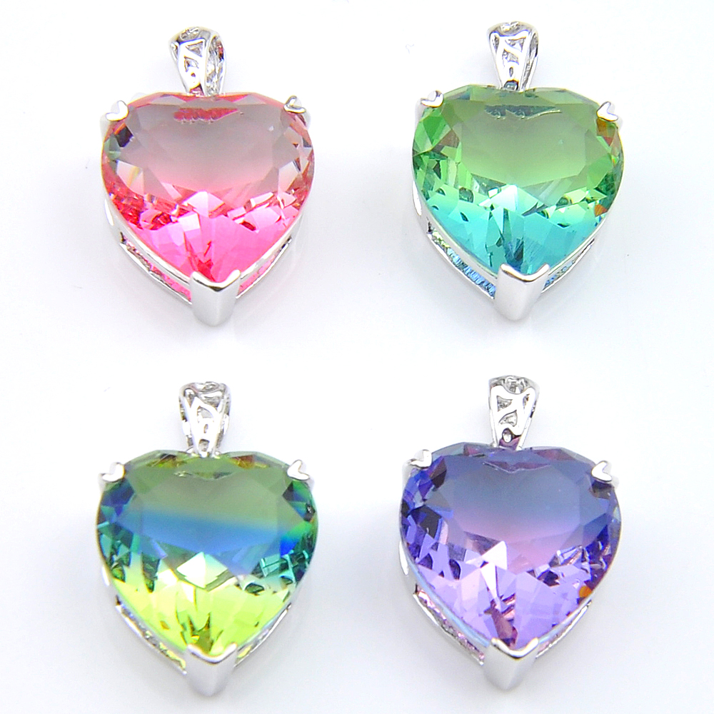 

Wholesale 12 pcs Luckyshine Rainbow Love heart Tourmaline Gem 925 Platinum Plated Women Wedding Pendant Necklaces 16*18mm New, Silver