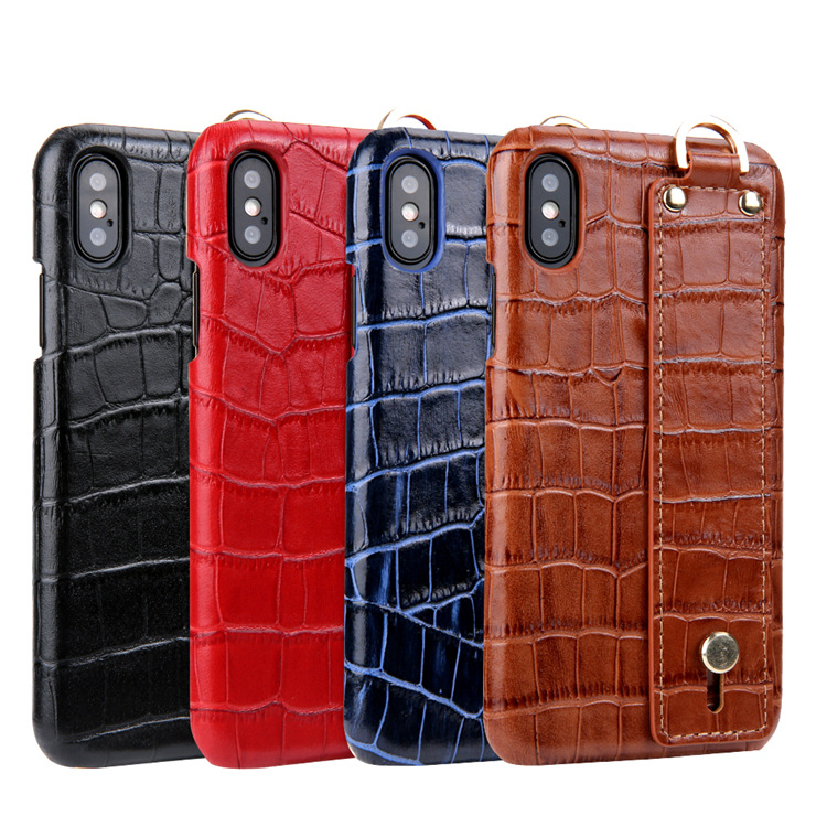 

Genuine Cowhide Holster Wristband Bracelet Leather Back Cover Case Crocodile Skin Pattern Wrist Strap Phone Shell for iPhone XS Max 6s 7 8, Black