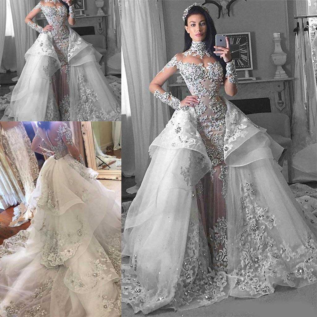 

Luxury Arabic Wedding Dresses 2020 with Detachable Train High Neck Sheer Long Sleeves Crystal Appliqued Lace Cathedral Train Bridal Gowns, White