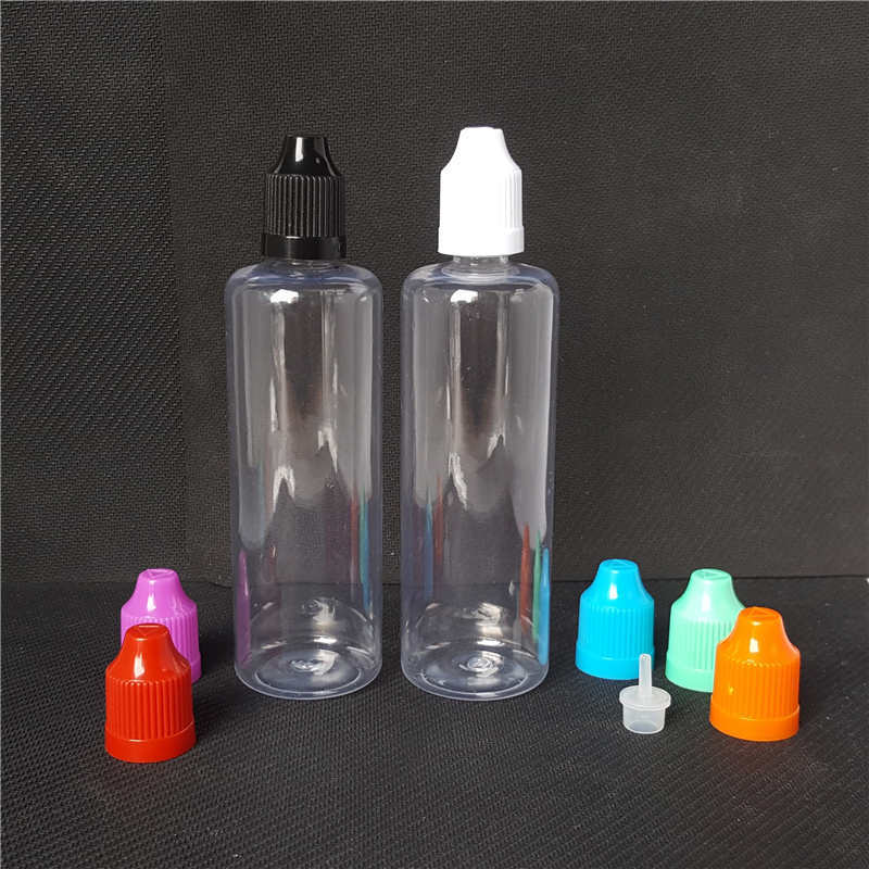 

100ml PET Bottle Hard Plastic 100 ml E liquid Empty Clear Vape Juice Transparent vaper Bottles With Colorful Childproof Caps Long Thin Tips