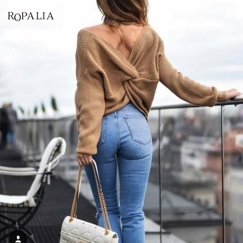Sexy 2018 Nouveau 7 couleurs V Cou Twisted Retour Pull Femmes Pulls Pulls Casual Tops À Manches Longues Tricoté Pulls pull femme S18100803