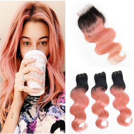 

#1B/Rose Gold Ombre Brazilian Virgin Human Hair Bundles with Closure Body Wave Ombre Pink 4x4 Front Lace Closure with Weaves Extensions