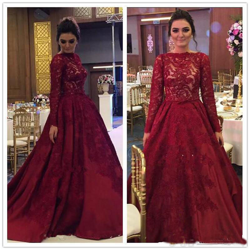 

2018 Burgundy Dubai Prom Dresses A Line Illusion Long Sleeves Sweep Train Long Arabic Muslim Evening Dresses Jewel Saudi Arabia Party Gowns, Water melon