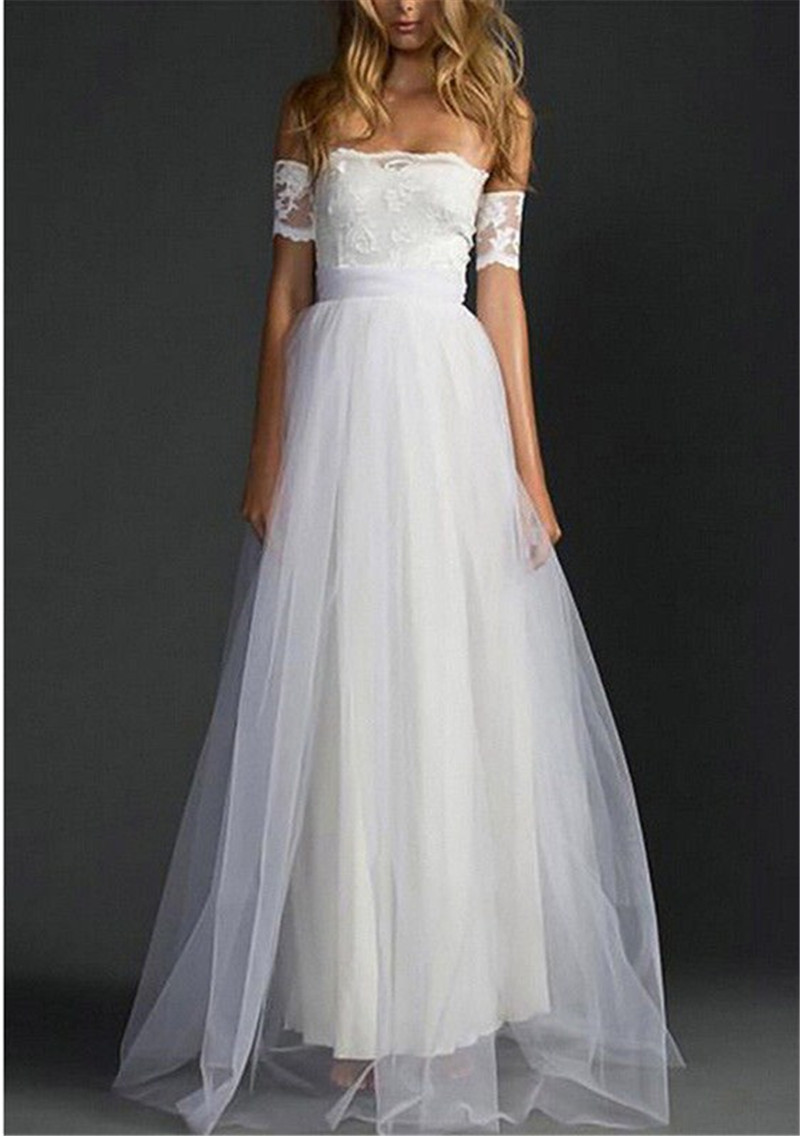 

2018New Women Slash Neck Off Shoulder Lace Summer Dress Formal Prom Party Long Maxi Dress White Bridesmaid Ball Gown Women