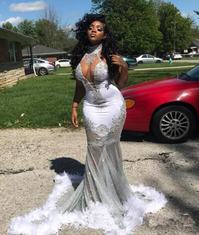 

African Prom Dresses Evening Wear High Neck Sheer Neckline Mermaid Evening Gowns See Through Feather Appliques Lace Cocktail Party Dress, Pink