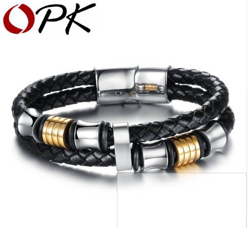 

OPK Classical Double Layer Handmade Leather Weaved Man Bracelets Fashion New Magnet Clasp Good Steel Wristband, PH887