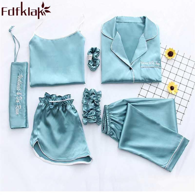 Fdfklak Accueil Vêtements Sexy Pijama 7 Pièces Pyjamas En Soie Pour Femmes Costume De Nuit Ensembles De Vêtements De Nuit Pyjamas Femmes Printemp