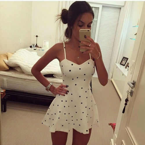 

Women Ladies Polka Dot Dress Sleeveless Evening Party Short Mini Dresses Clubwear, As pic