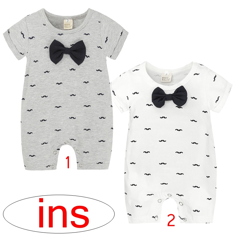 

ins summer kids beard full print romper with big bows baby mustache print jumpsuits gray white 2color choose free 0-2years free ship, 2color;1/2