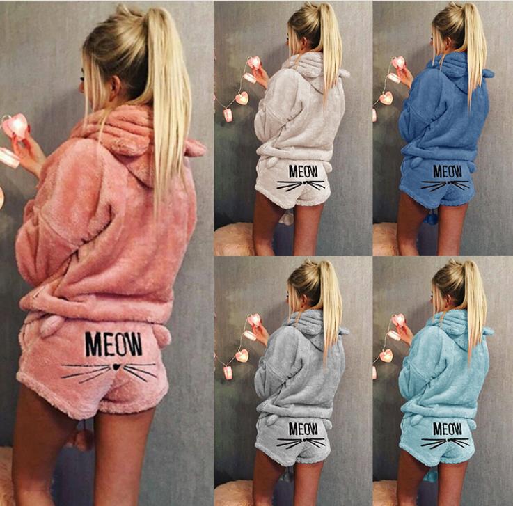 Automne Hiver Femmes Deux Piece Ensemble Pyjamas Chaud Corail Velours Costume Vêtements De Nuit Mignon Chat Motif Hoodies Shorts Out Fit