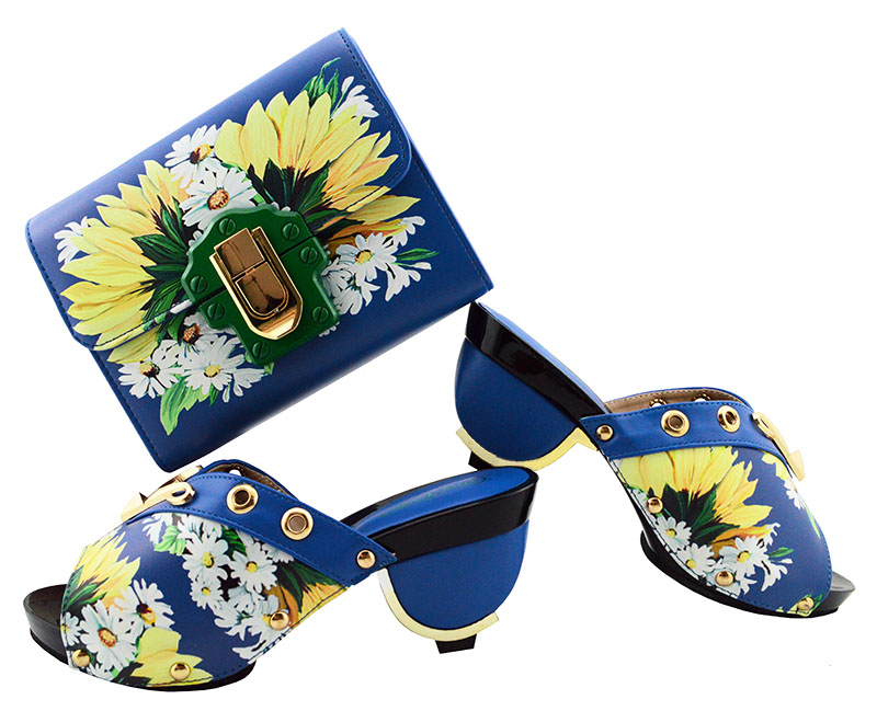 

Nice looking royal blue ladies pumps african shoes match handbag set and prints flower for dress GL01,heel 7.5CM