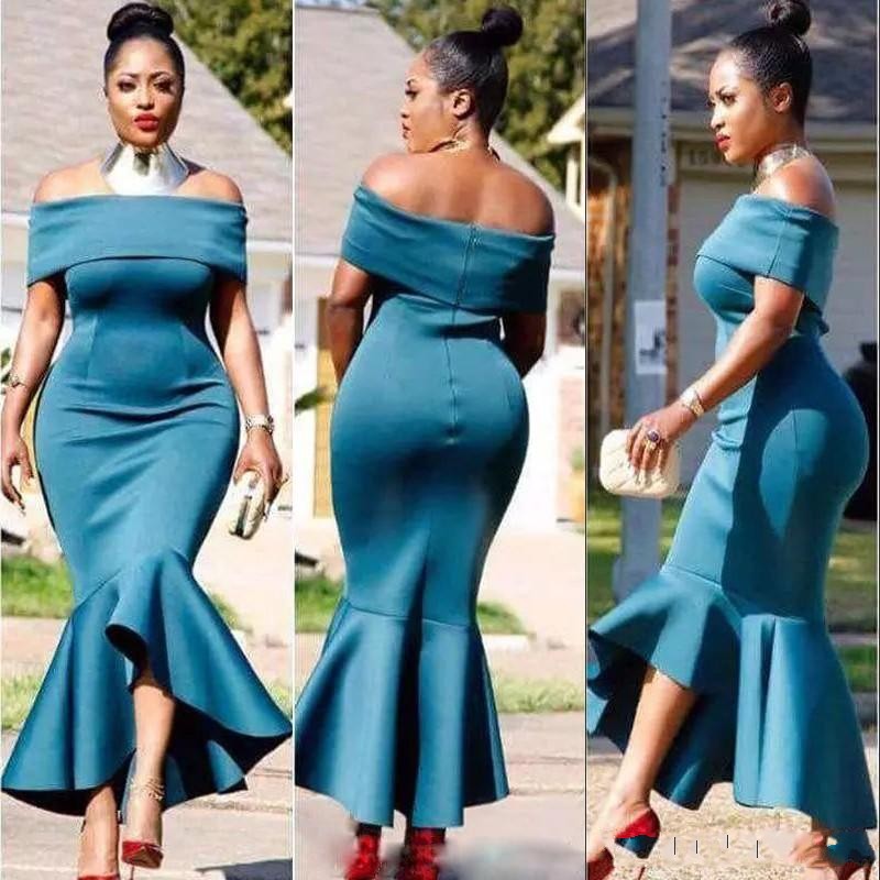 Plus Size Mermaid 2019 Prom Dress Fashion High-Low Satin Ankle Length Celebrity Party Elegant Off Shoulder Zipper Backless Evening Dreses