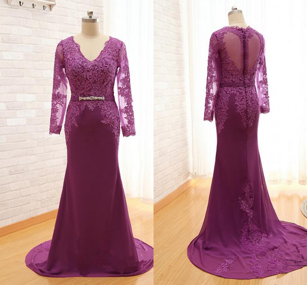 

Sexy Purple V neck 2018 Mother of the Bride Groom Dresses Illusion Long Sleeves Mermaid Hollow Back Chiffon Crystals Evening Formal Dress