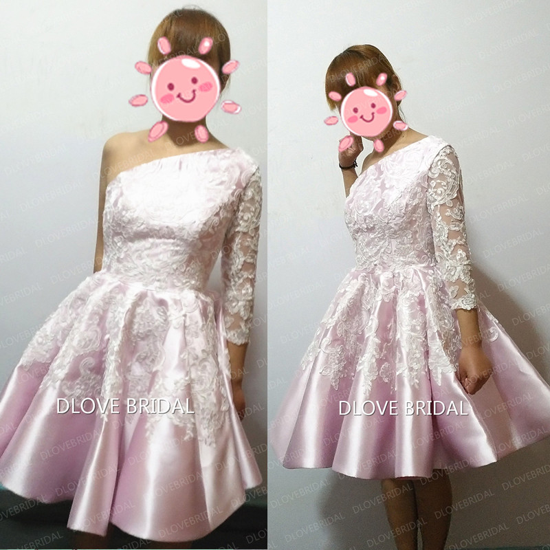Real Photo Pink Satin White Lace Cocktail Dresses One Shoulder Applique A Line Short 3/4 Long Sleeve Homecoming Dress Prom Party Gown