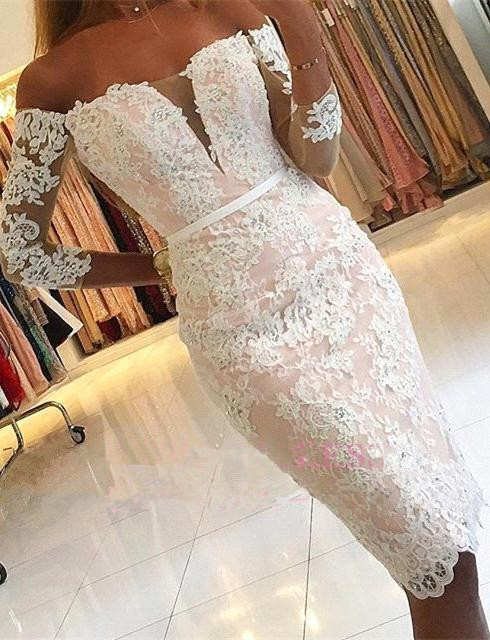 

2018 Off The Shoulder Lace Sheath Cocktail Dresses Long Sleeves Tulle Applique Beaded Knee Length Short Party Prom Evening Dresses BA6859, Chocolate