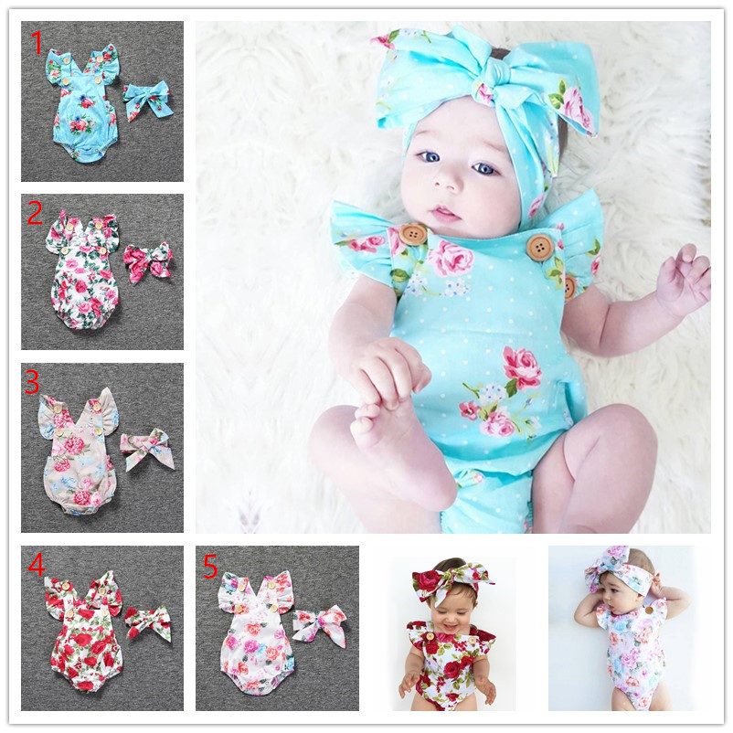 

2020 Newborn Baby Romper Girls Summer Floral Rompers +headhand 2pcs Set Baby Girls Infants Flower Jumpsuit Clothes Outfits 0-24M, 1#