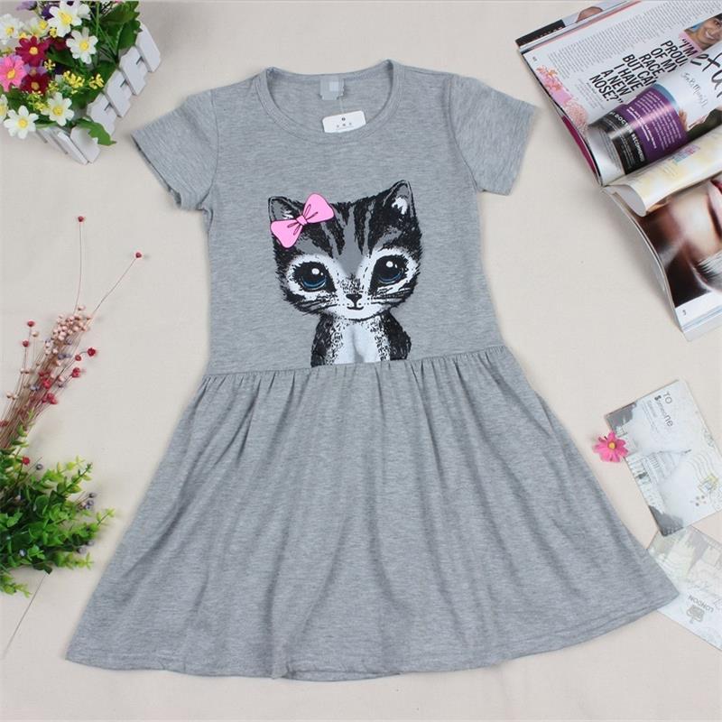 

Girl Princess Dress Hot Sale New 2018 Summer Cat Print Grey Baby Girl Cartoon Dress Children Clothing Kids Cotton Dress 2-8years, Gray